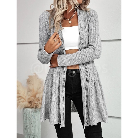 Ruffle Hem Gray Knit Open Cardigan Long Sleeve - Picture 2 of 9